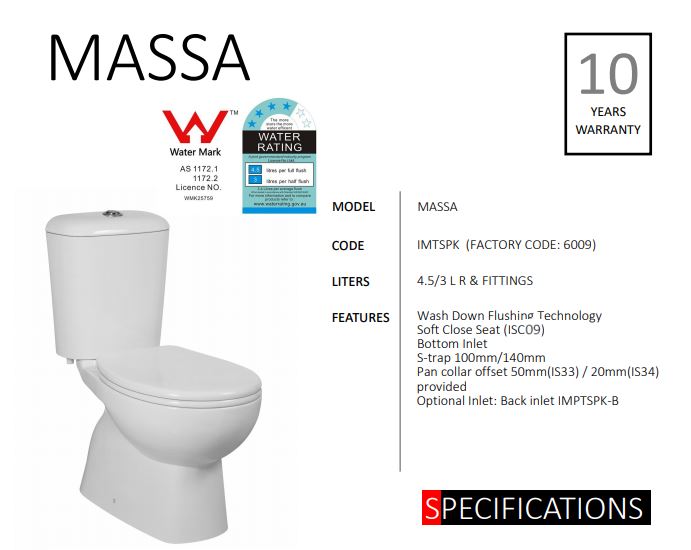 INSPIRE MASSA TOILET SUITE S-TRAP GLOSS WHITE