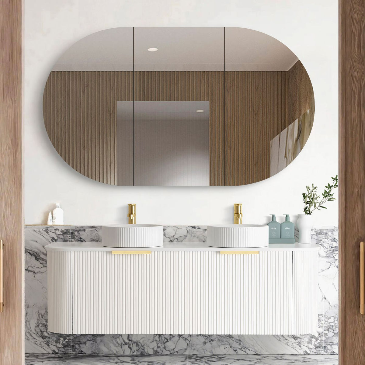 OTTI BONDI MATTE WHITE 1500MM CURVE DOUBLE BOWL WALL HUNG VANITY