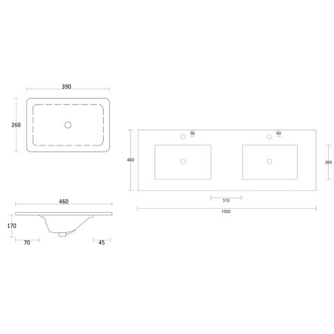 OTTI BOSTON LIGHT GREY 1500MM DOUBLE BOWL WALL HUNG VANITY