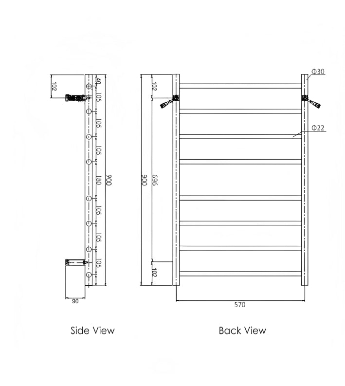 INSPIRE HEATED TOWEL RAIL 8 BAR ROUND MATTE BLACK