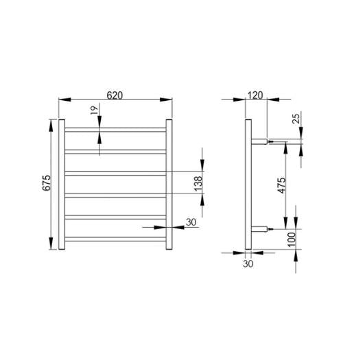 INSPIRE HEATED TOWEL RAIL 6 BAR SQUARE MATTE BLACK