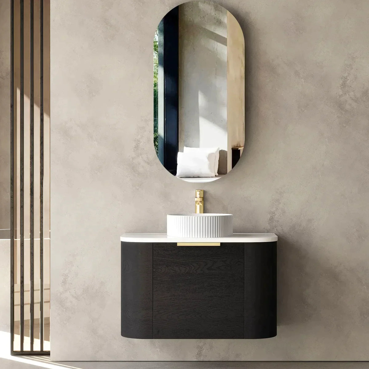 OTTI BONDI BLACK OAK 750MM CURVE WALL HUNG VANITY