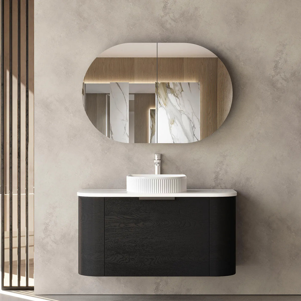 OTTI BONDI BLACK OAK 900MM CURVE WALL HUNG VANITY