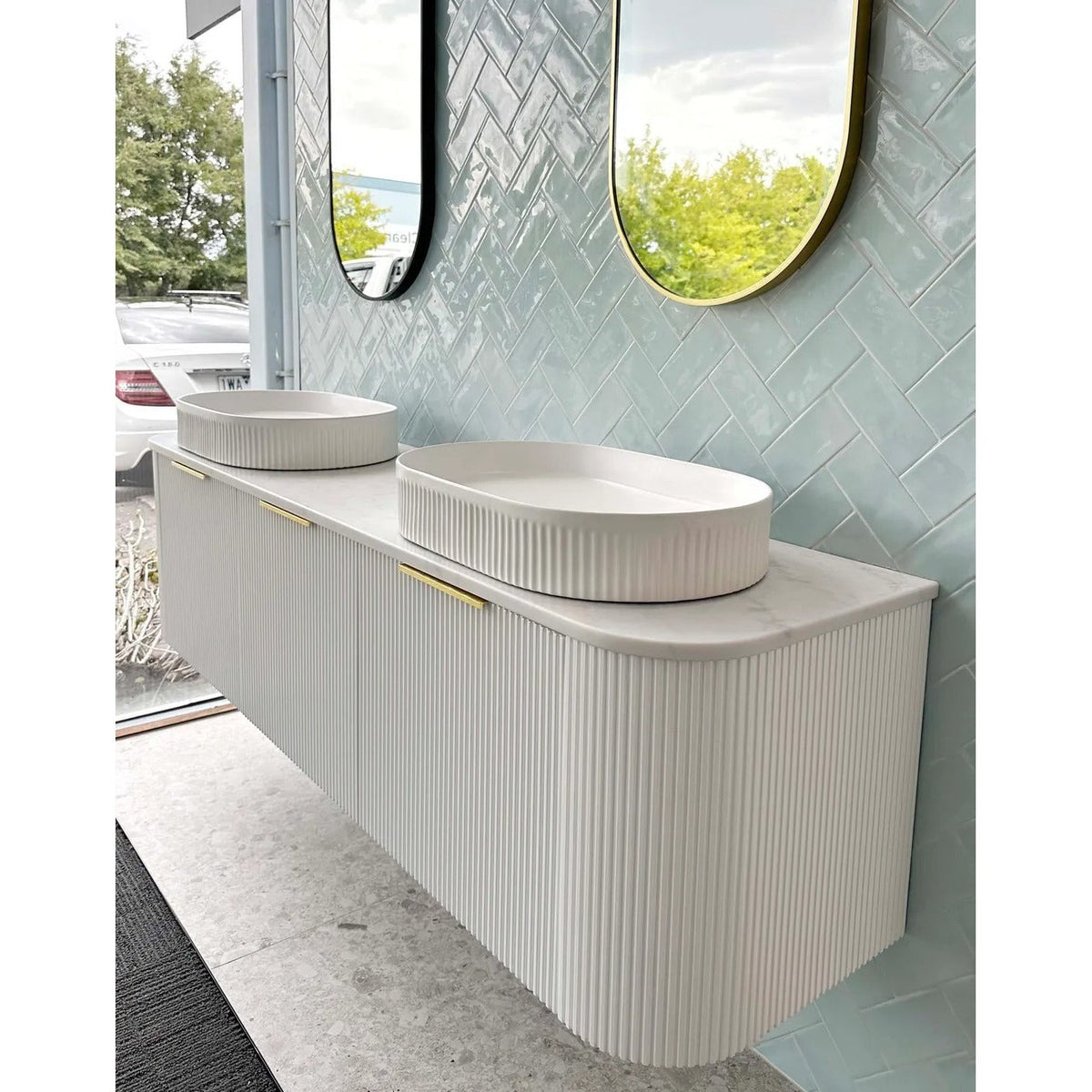 OTTI BONDI MATTE WHITE 1800MM CURVE DOUBLE BOWL WALL HUNG VANITY