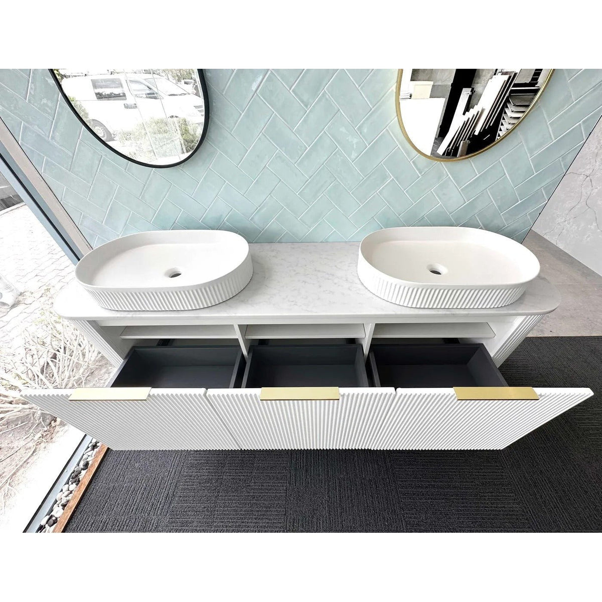 OTTI BONDI MATTE WHITE 1800MM CURVE DOUBLE BOWL WALL HUNG VANITY