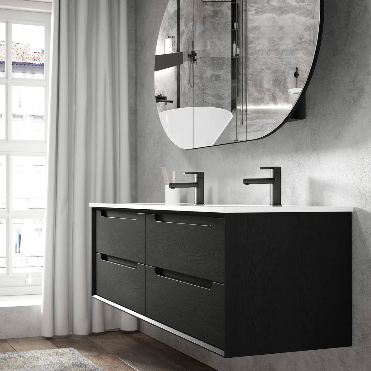 OTTI BYRON BLACK OAK 1200MM DOUBLE BOWL WALL HUNG VANITY