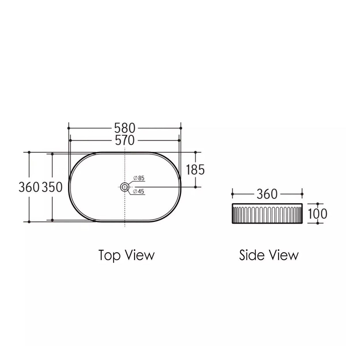 OTTI KENSINGTON FLUTED OVAL BASIN GLOSS WHITE 580MM