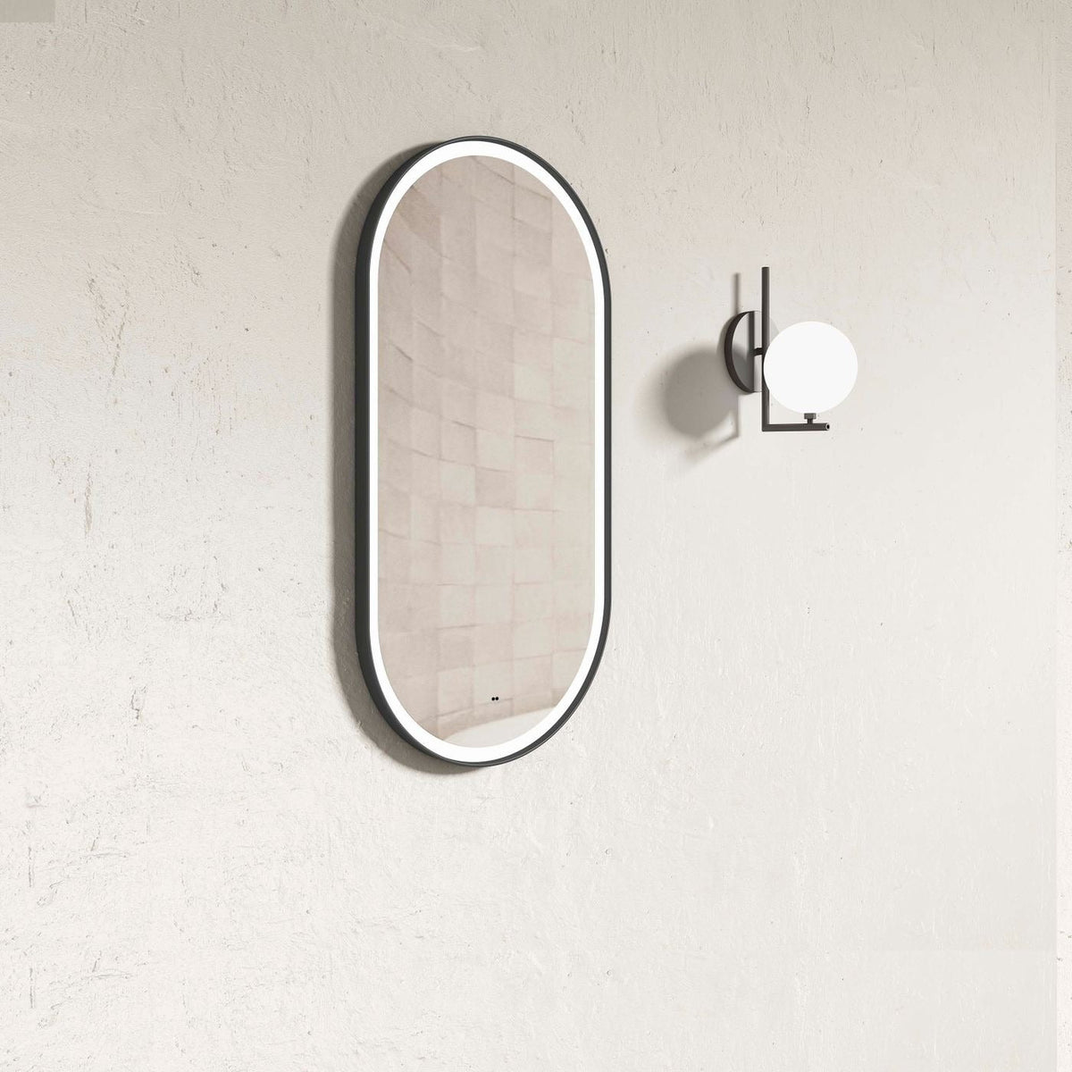 OTTI BRIGHTON LED OVAL TUFFI GLASS MIRROR BLACK METAL FRAME ANTI FOG WITH SENSOR 450X900MM