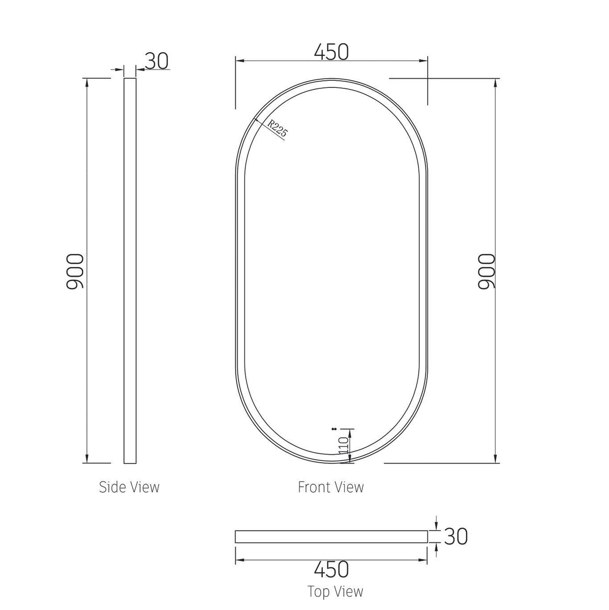 OTTI BRIGHTON LED OVAL TUFFI GLASS MIRROR BLACK METAL FRAME ANTI FOG WITH SENSOR 450X900MM