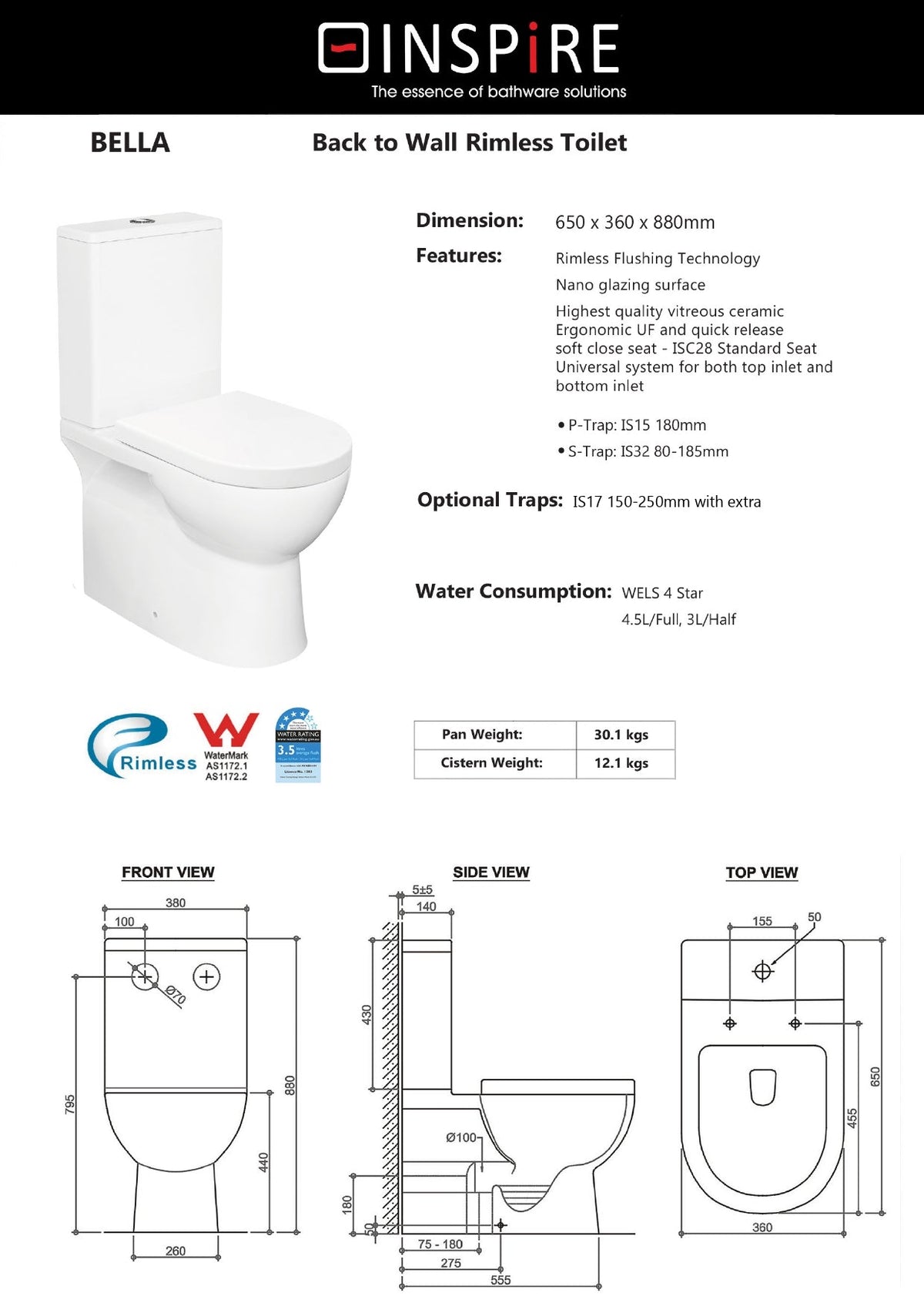 INSPIRE BELLA BACK TO WALL RIMLESS TOILET SUITE GLOSS WHITE